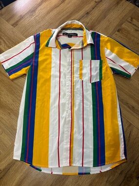 Men's Short-Sleeve Button-Down Shirt - Yellow, White & Multicolor Stripes